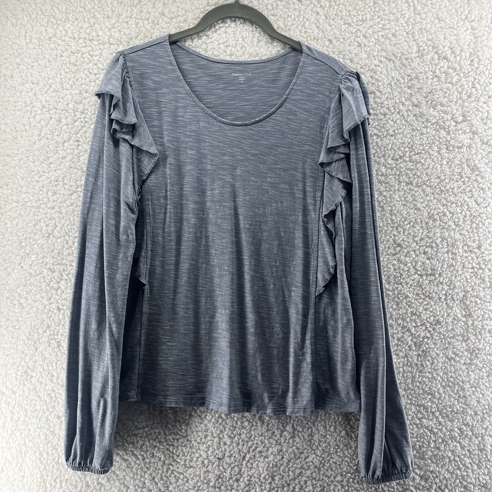 Garnet Hill Reia Ruffle-Shoulder Blue Gray Long Sleeve Top Medium Light EUC